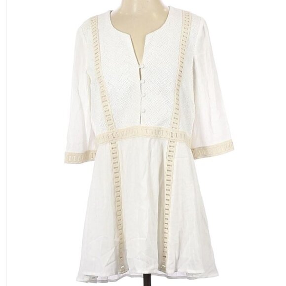 New L*Space Ivory Tan Peasant Boho Embroidered Lala 3/4 Sleeve Dress Size Small - Picture 1 of 8